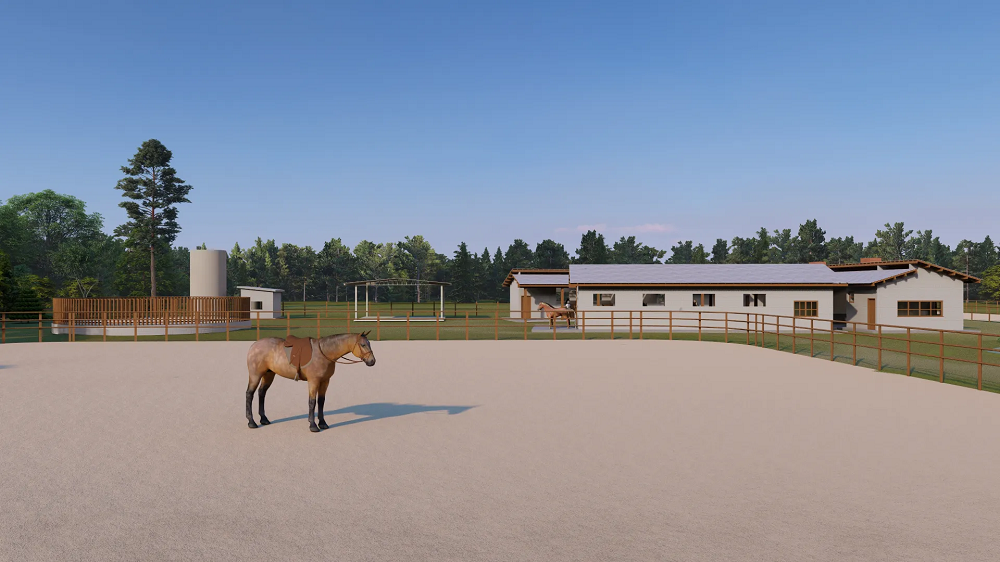 Imagem perspectiva do novo Vista Verde Espaços Rurais ilustra post sobre a pista equestre que estará presente na área.